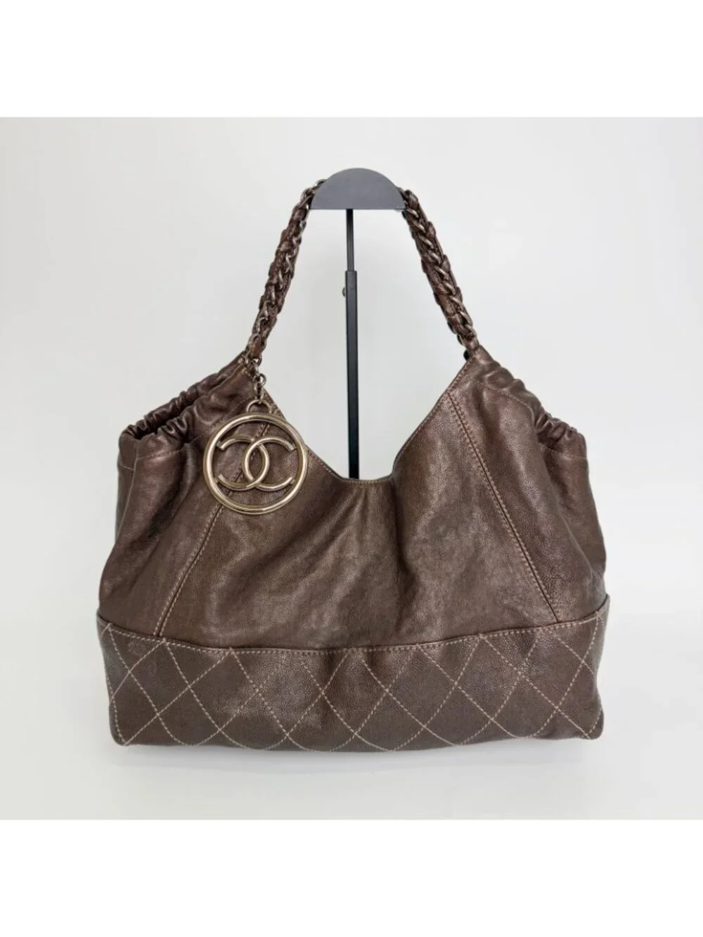 Chanel CC Logo Quilted Chain Tote Shoulder Bag Leather Brown Vintage